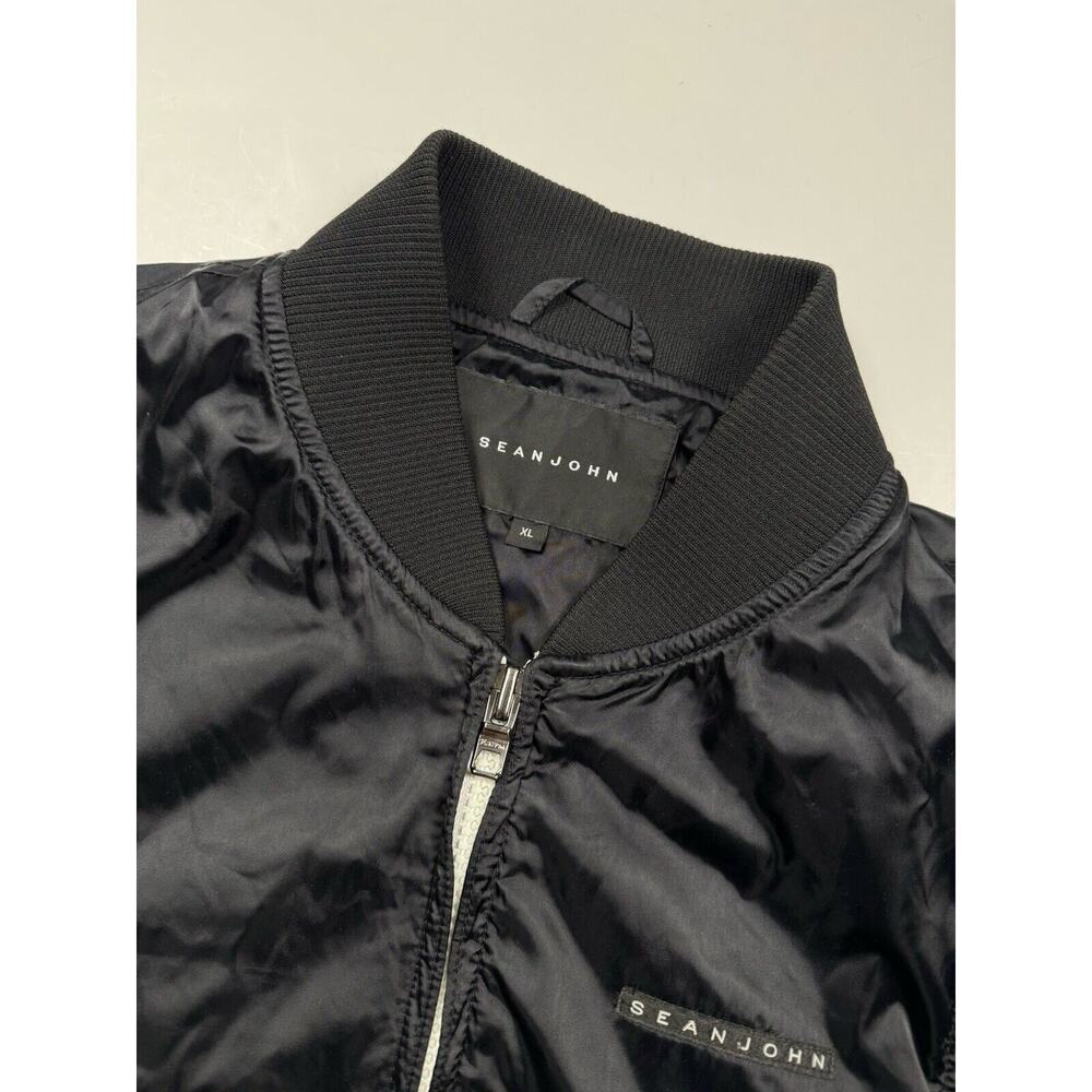 Mens Satin Bomber Jacket Retro Y2k Black Spell out XL Sean John - Picture 3 of 10